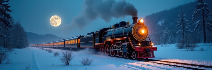Fototapeta premium A classic steam locomotive travels through a snowy landscape under a full moon, evoking nostalgia and adventure in winter travel.