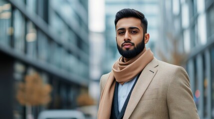 Fototapeta premium Confident young adult male in urban setting wearing blazer and scarf