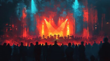 Silhouettes of people in front of a concert stage, enjoying the live music performance with bright stage spotlights shining on the band 
