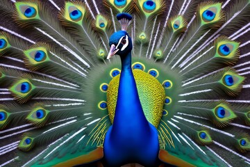 Obraz premium Peacock with Vibrant Colorful Feathers Close-up Displaying Detailed Patterns