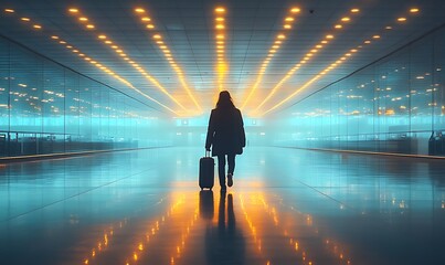 Silhouette of a Traveler in Modern Illuminated Airport Walkway