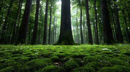 Obraz premium Majestic oak, mossy forest floor, sunlight, nature, tranquil scene