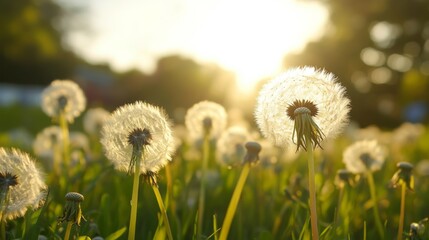 Dandelion fields at sunset with warm sunlight and blurred background