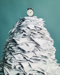 Overwhelming paperwork mountain with a small clock indicating urgent deadlines. Generative AI