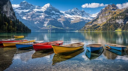 Colorful boats on serene lake with majestic mountains and bright blue sky in the background