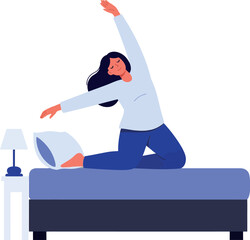 Fototapeta premium Woman stretching in bed in a minimal flat vector illustration