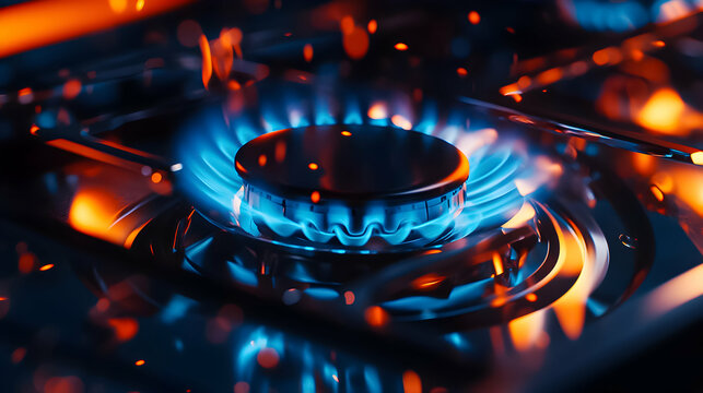 Blue flame burning on a gas stove in a home kitchen during evening cooking