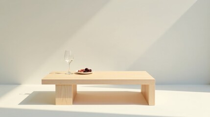 Simple wooden coffee table with wine glass and fruit plate in sunlit room