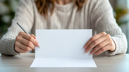 Naklejka premium Woman holding blank paper at desk, ready to write or draw. Concept of creativity, planning, and communication.