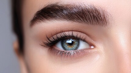 Obraz premium A close-up view reveals stunning eye makeup that enhances natural beauty, showcasing meticulously defined brows and vibrant eyelashes in a serene setting