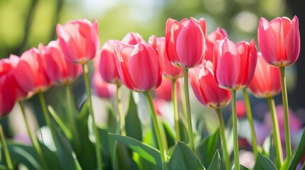 Fototapeta premium Vibrant pink tulips in sunlit garden with soft focus green background