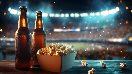 Enjoying snacks and drinks at a lively sports event in the evening ambiance