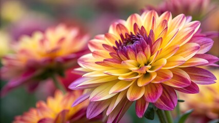 Fototapeta premium Dahlia's Radiant Hues: Close-up of vibrant Dahlia blooms showcasing a spectrum of colors, petals meticulously arranged, in a soft-focus garden. Capturing floral beauty.