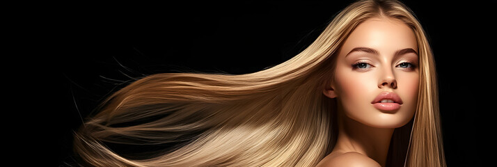 Obraz premium Model with long flowing hair poses gracefully against a dark backdrop, showcasing beauty and elegance in fashion photography