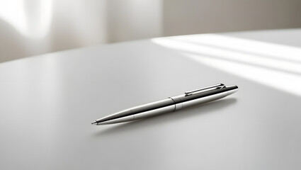 A silver pen is placed on a white surface with soft natural light filtering in. The metallic reflection adds a sophisticated touch, making the image feel clean and modern.
