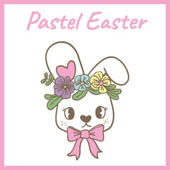 Adorable pastel Easter bunny wearing a colorful floral crown and pink bow, symbolizing spring, nature, and festive holiday celebrations