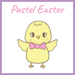 Adorable pastel Easter chick with big eyes and a pink bow tie, standing cheerfully with open wings, perfect for festive designs