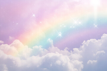 A vibrant rainbow arches over fluffy clouds in a pastel sky, creating a dreamy and serene atmosphere