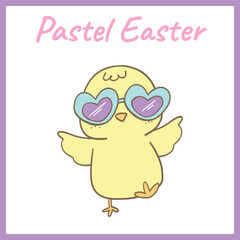 Adorable pastel Easter chick striking a fun pose while wearing stylish heart-shaped sunglasses, radiating a cheerful and playful vibe