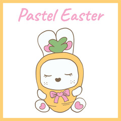 Adorable pastel-style Easter bunny wearing a carrot costume with heart details, pink bow, and soft colors, perfect for holiday designs