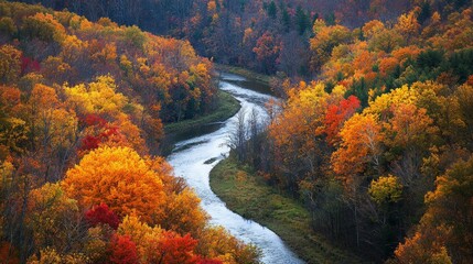 Serene Autumn Landscape with Curving River and Colorful Foliage