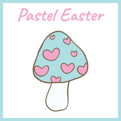 Whimsical pastel mushroom with a blue cap decorated with pink hearts, creating a cute and fantasy-inspired design perfect for spring themes