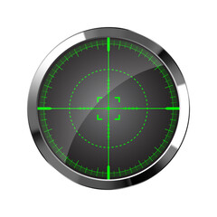 Chrome weapon night sight, sniper rifle optical scope. Hunting gun viewfinder with crosshair. Aim, shooting mark symbol. Military target sign, silhouette. Game UI element. Vector illustration