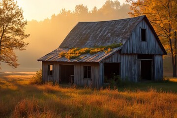 Obraz premium Rustic Abandoned Barn at Sunrise in a Golden Field