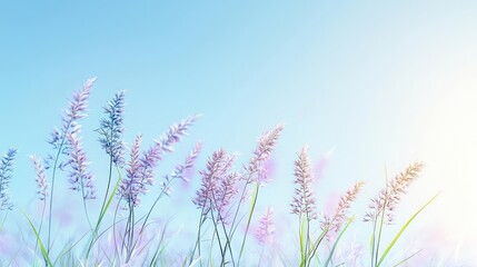 Pastel Purple and Pink Flowers in a Field Under a Blue Sky