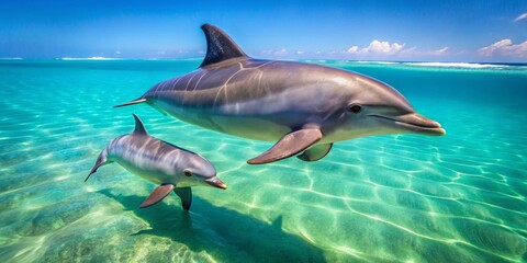Obraz premium A mother dolphin and her calf gracefully swim in a vibrant ocean