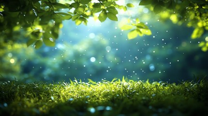 Obraz premium Magical Enchanted Forest Floor with Sunlit Green Grass, Delicate Bokeh, and Dreamlike Depth of Field