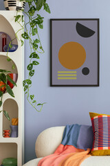 Interior desgin of modern living room interior with mock up poster frame, colorful decorations and...