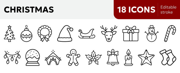 Christmas icons including tree, Santa hat, gift box, snowman, reindeer, candy cane, bell, wreath, star, stocking