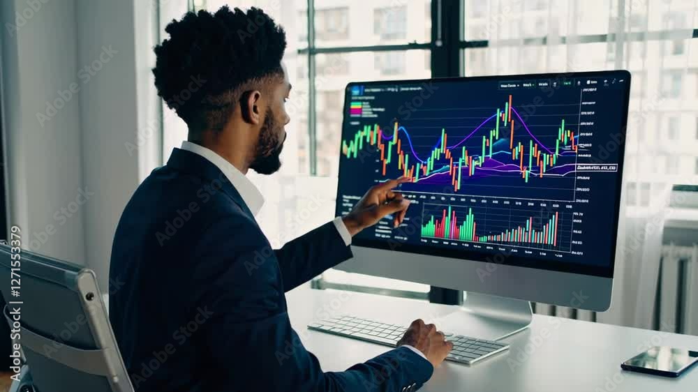 Poster finance professional analyzes stock market data on computer, pointing at rising graph, showcasing ex