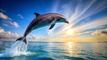 Fototapeta premium A Majestic Dolphin Leaps High Above the Ocean's Surface at Sunset, Gracefully Displaying its Aquatic Prowess in a Breathtaking Display of Nature's Beauty
