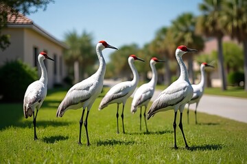Fototapeta premium Sandhill Cranes in a Residential Lawn - Wildlife Photography