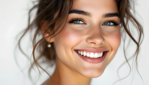 Primo piano di giovane ragazza sorridente, felice. Sfondo chiaro, illuminazione da studio.
