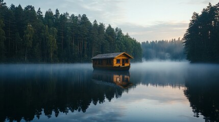 Tranquil Wooden Cabin on Calm Lake Surrounded by Misty Forest
