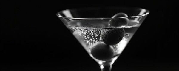 A sleek martini glass filled with sparkling gin and garnished with olives, set against a dramatic black background, perfect for bar, restaurant, or cocktail promotions.