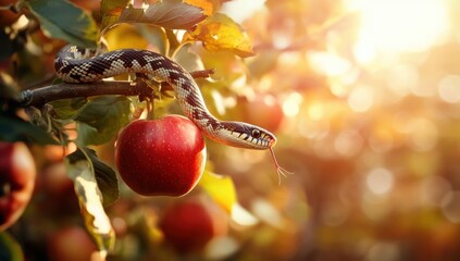 Close-Up of a Snake with Forked Tongue Near a Red Apple on a Tree

Keywords: