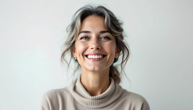 Primo piano di donna sorridente, felice. Sfondo chiaro, illuminazione da studio.