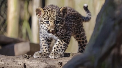 Fototapeta premium Playful Leopard Cub Exploring Its Natural Habitat in Daylight