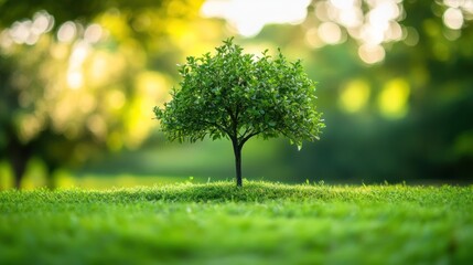 Small tree on grassy hill in sunlight.