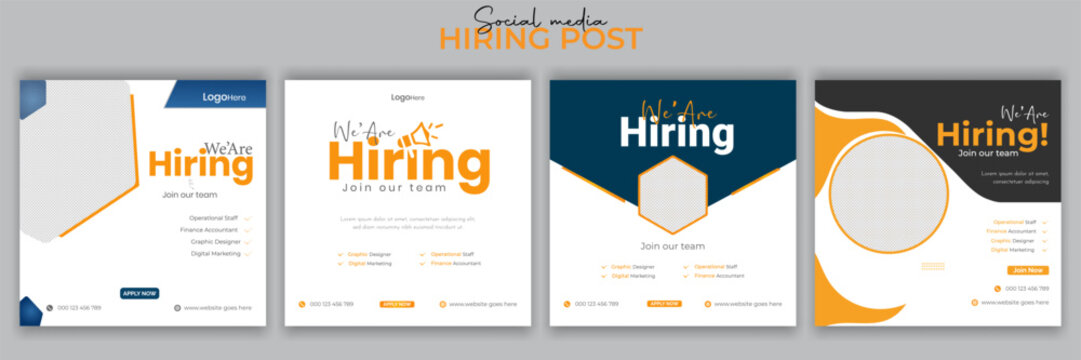 Join our team banners. We are hiring communication poster, help wanted advertising banner with speaker and vacant badge. Hr recruiting hire, vacancy job offer isolated vector signs set