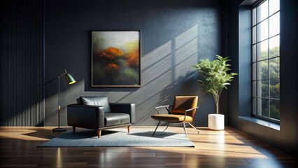 Aerial View: Black Living Room, Modern Chair, Wall Art - 302