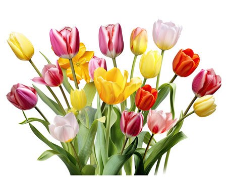 Assorted open tulips in various colors  isolated on transparent background