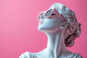 Head of antique female statue in black sunglasses on pink background. Fashion collage in magazine surreal style. Modern design