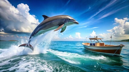 Fototapeta premium Oceanic mammal leaping from cerulean water near a vessel under a vibrant sky