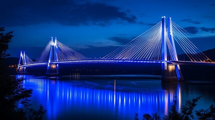 Obraz premium Illuminated cable-stayed bridge at night, reflecting in calm water, dark sky; travel and architecture photography.