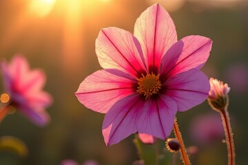 Stunning Close-up of a Pink Flower in the Golden Light of Sunrise or Sunset